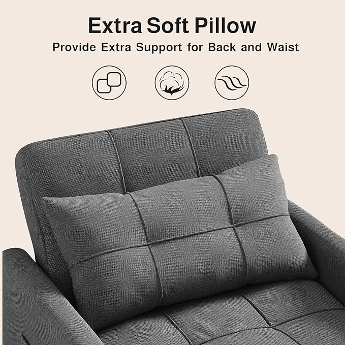 Ahomly Convertible Sofa Bed, 3-in-1 Multi-Functional Sleeper Chair Bed, Adjustable Backrest Recliner with Modern Linen Fabric for Living Room Bedroom Apartment Small Space, Dark Grey