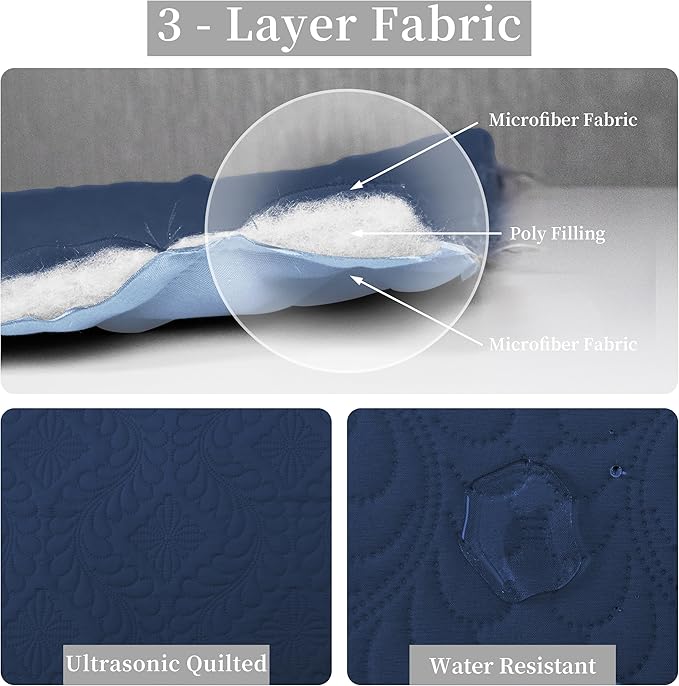 Easy-Going Twin Size Reversible Quilt Set with 1 Quilt and 1 Pillow Sham, Soft Bed Quilt Cover, Water Resistant Lightweight Microfiber Bedspread, Stain Resistant, Olive Leaf-Dark Blue/Light Blue