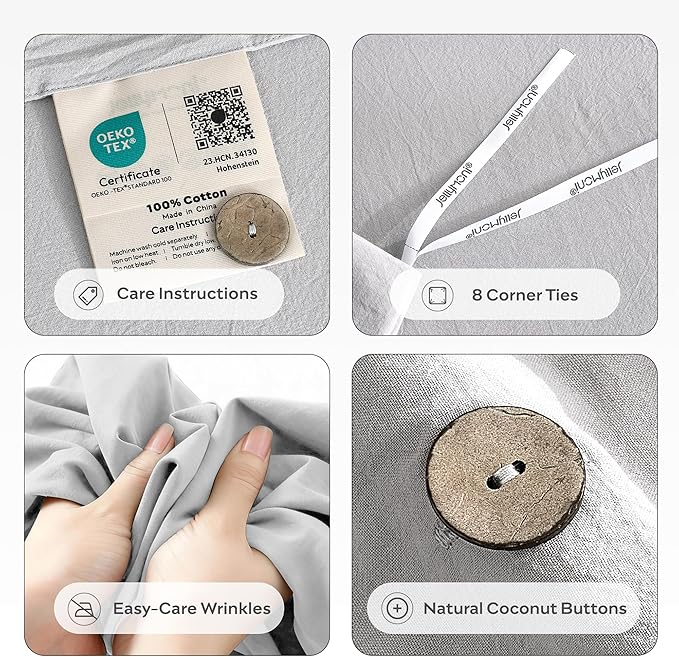 JELLYMONI 100% Washed Cotton Duvet Cover Queen – Soft, Breathable Linen-Look Bedding with Natural Wrinkle Texture, Button Closure, 3-Piece Set (Pale Grey, 90"x90")