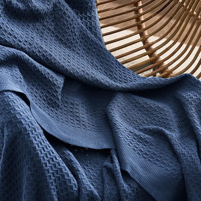 Bedsure Gentlesoft 100% Cotton Blanket Twin XL Size for College Dorm - Breathable and Soft, Waffle Weave Twin Blanket for Summer, Dorm Room Essentials, Navy, 66x90 inches
