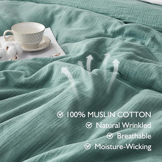 EMME Muslin Cotton Duvet Cover Set Teal Twin Size Linen Like Soft Breathable Lightweight Summer Comforter Cover Set with Zipper Closure (Teal, Twin, 68"x90")