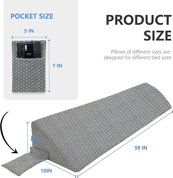Bed Wedge Pillow for Headboard Gap Bed Mattress Gap Filler (0-8") Between Headboard/Wall and Mattress Grey Queen Size Foam Support Triangle Bloster Pillow Stoppers with 2 Pockets