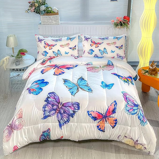 CVHOUSE Bedding Set, Full Size, Butterfly Design for Girls Kids Teens, 3Pcs Including Comforter and 2 Pillowcases