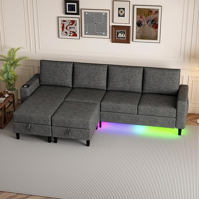 Sectional Couches for Living Room, 4 Seat Sectional Sofa with Smart Module-Wireless Charging/USB/Type-C/RGB Light, U Shaped Couch with Reversible Chaise Lounge/Storage Ottoman (Dark Grey)