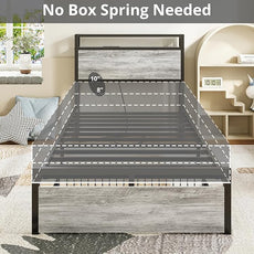 LIKIMIO Twin XL Bed Frames with Drawer, Storage Headboard with Outlets, No Box Spring Needed, Easy Assembly, Industrial Gray