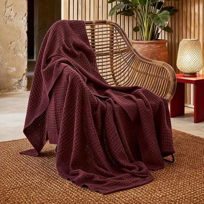 Bedsure Gentlesoft 100% Cotton Blanket Twin XL Size for College Dorm - Breathable and Soft, Waffle Weave Twin Blanket for Summer, Dorm Room Essentials, Burgundy, 66x90 inches