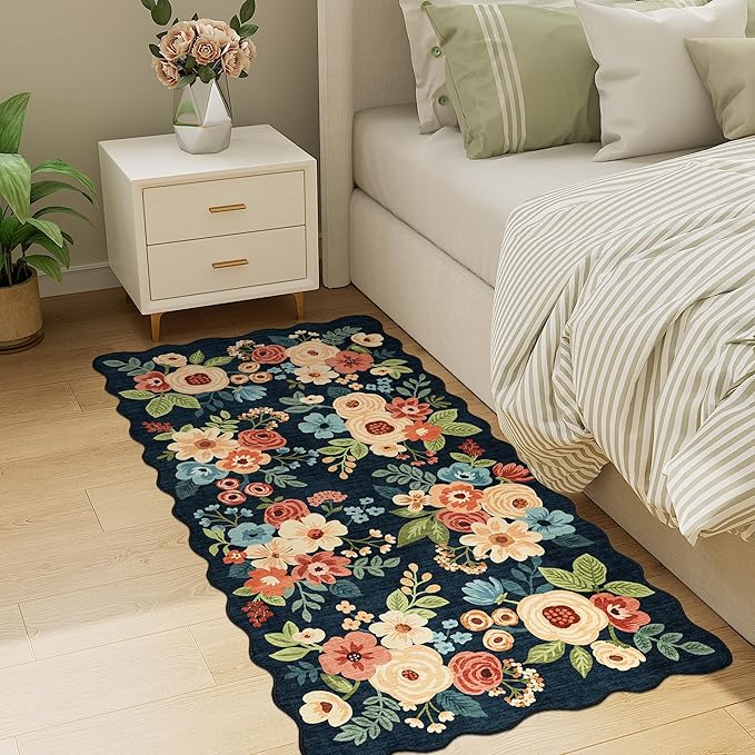 DUKINO 2x4 Washable Runner Rugs, Non Slip Floral Print Entryway Rug with Soft Low Pile, Lightweight Mat for Living Room, Bathroom, Bedroom, Kitchen, Navy Blue
