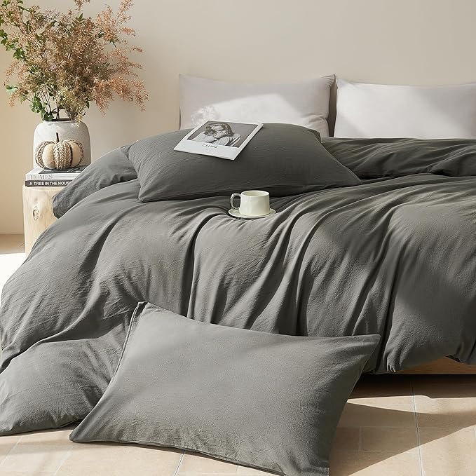 JELLYMONI Duvet Cover King Size - Washed Cotton Comforter Cover with Linen-Like Texture,Breathable & Soft Bedding for Modern Home,Guest Room and Everyday Use,Dark Grey 1 Duvet Cover & 2 Pillowcases