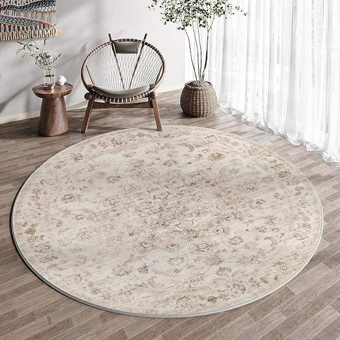 6x6 Washable Neutral Round Rug Beige Vintage Living Room Bedroom Circle Rug Non-Slip Soft Low Pile Floral Indoor Carpet for Kitchen Dining Room Office
