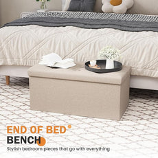 Youdesure Folding Storage Ottoman Bench, Footrest Couch for Living Room, 30 inch Storage Bench with Padded Seat for Bedroom Hallway, Holds up to 350lbs, Linen Fabric Beige
