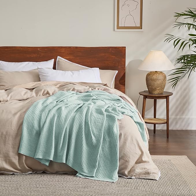 Bedsure Gentlesoft 100% Cotton Blanket Queen Size for Bed - Breathable and Soft, Thick Cozy Waffle Weave Christmas Blanket Gift for Women, Mint, 90x90 Inches