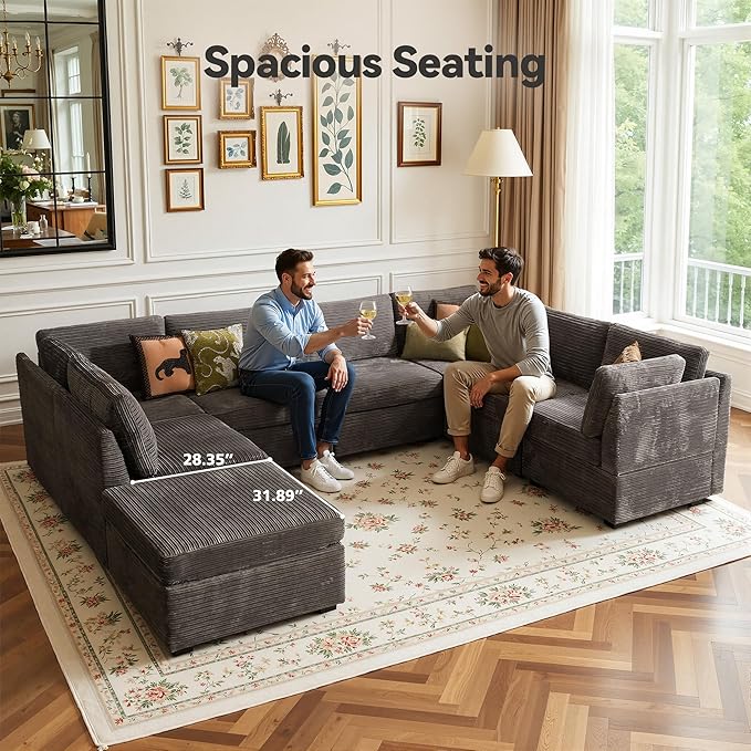 Large 8 Seat Modular Sectional Sofa with Ottoman Seat Corduroy Sleeper Sectional Sofa Bed Oversized Convertible Modular Couch for Living Room