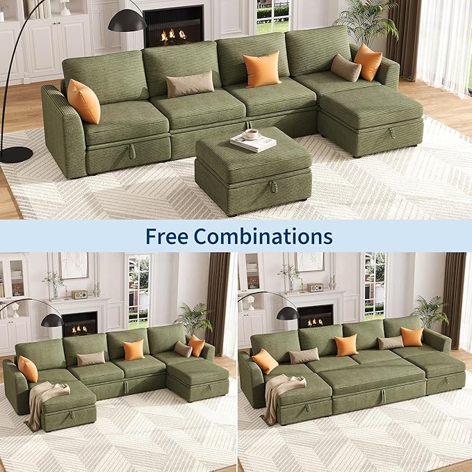 GarveeHome Sectional Sleeper Sofa with Pull Out Bed, Corduroy Modular Sectional 6 Seat Couch with Pull Out Couch and Storage Seat & 2 Ottomans, Convertible Couches for Living Room