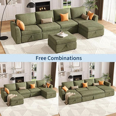 GarveeHome Sectional Sleeper Sofa with Pull Out Bed, Corduroy Modular Sectional 6 Seat Couch with Pull Out Couch and Storage Seat & 2 Ottomans, Convertible Couches for Living Room