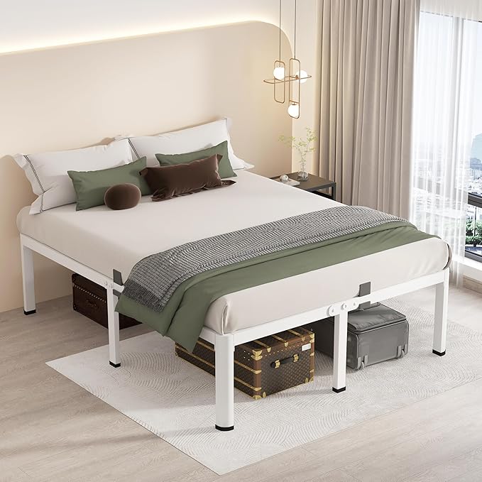 MAF 20 Inch Queen Size Bed Frame White with Round Corner Legs Mattress Slide Stopper No Box Spring Needed Heavy Duty Metal Platform Bed Frames Under-Bed Storage Space, 3000 LBS Steel Slats Support