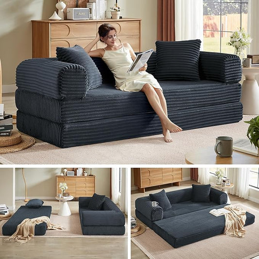 Boneless Couch Sofa Bed Sectional Couches for Living Room,Futon Cloud Couch with Sleeper Sofa,Sofas for Living Room Oversized Corduroy Upholstered (Dark Grey)