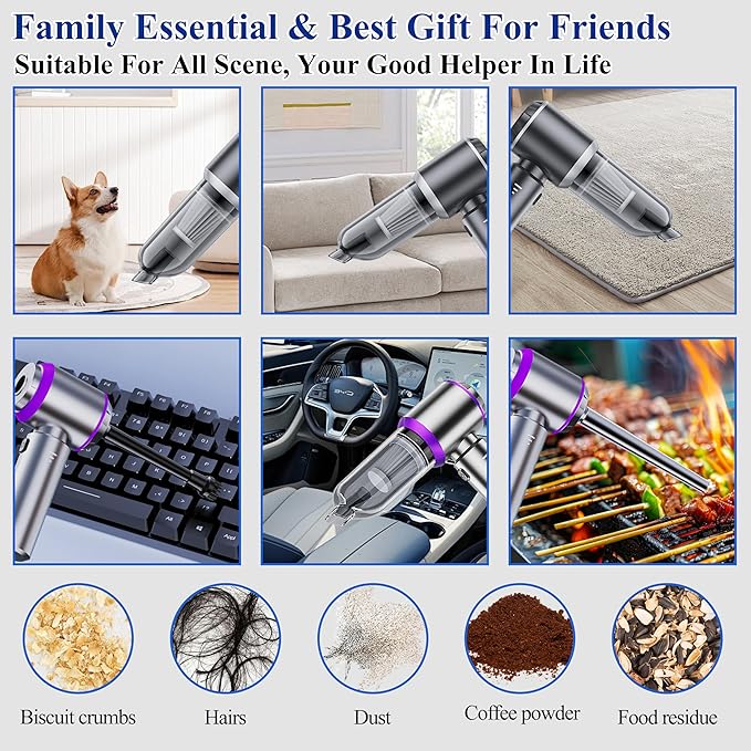 Handheld Car Vacuum Portable Cordless, 22000PA Mini Vacuum Cleaner & Air Duster, 5-in-1 High Power Suction Hand Held Vacuum Rechargeable Brushless Motor Vacuums for Car Home Office Pet, Purple