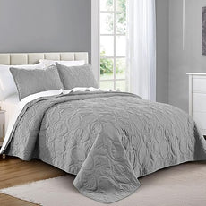 Pure Bedding Quilt Set Full/Queen Size Light Grey - Oversized Bedspread, Soft Microfiber Coverlet for All Season - Includes 1 Quilt and 2 Shams, Ocean Star Pattern