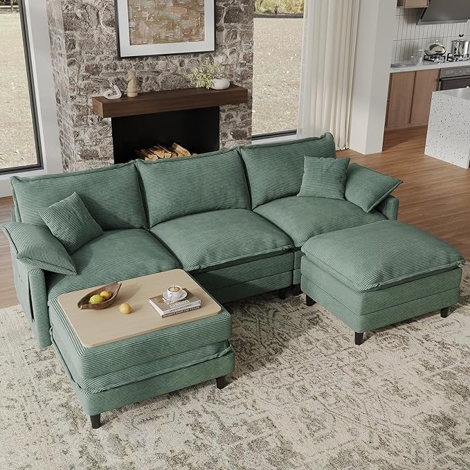 108" U Shaped Modular Sectional Cloud Couch with Two Ottoman, Snap-on Easy Installation 5-Piece Deep Seat Sofas with Storage Bag and Coffee Table for Living Room, Corduroy, Green