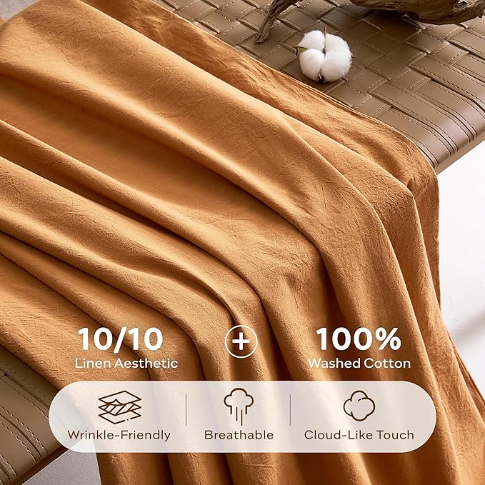 JELLYMONI 100% Washed Cotton Duvet Cover Queen – Soft, Breathable Linen-Look Bedding with Natural Wrinkle Texture, Button Closure, 3-Piece Set (Amber Orange, 90"x90")