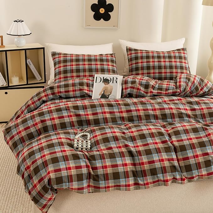 ECOCOTT Buffalo Plaid Duvet Cover Queen Size– 3 Piece Washed Cotton Bedding Set with Classic Checkered Pattern, Red & Brown Duvet Cover with Pillowcases for All Seasons