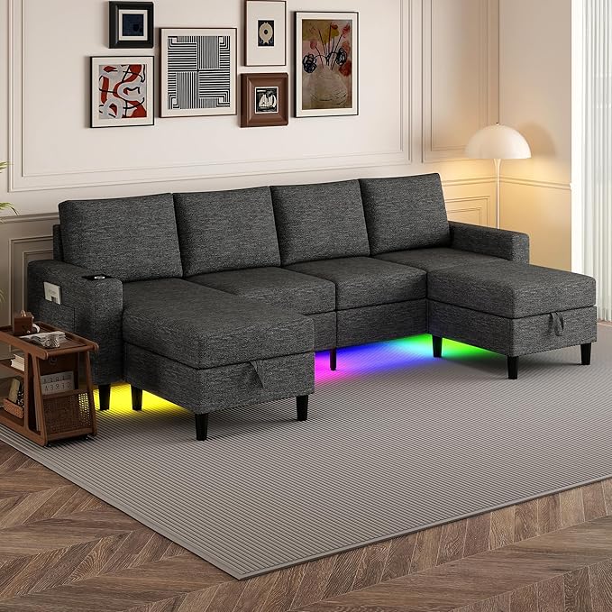Sectional Couches for Living Room, 4 Seat Sectional Sofa with Smart Module-Wireless Charging/USB/Type-C/RGB Light, U Shaped Couch with Reversible Chaise Lounge/Storage Ottoman (Dark Grey)