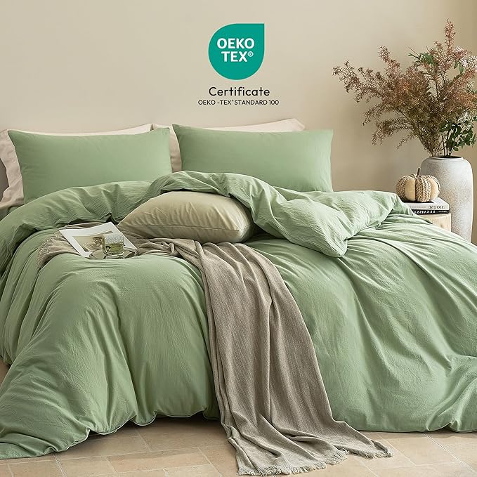 JELLYMONI Duvet Cover King Size - Washed Cotton Comforter Cover with Linen-Like Texture,Breathable & Soft Bedding for Modern Home,Guest Room and Everyday Use,Mint Green 1 Duvet Cover & 2 Pillowcases