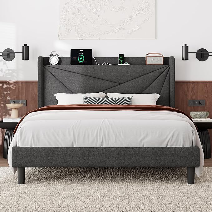 Feonase Queen Bed Frame with Charging Station, Linen Upholstered Platform Bedframe with Wingback Headboard, Solid Wood Slats Support, Noise Free, No Box Spring Needed, Charcoal Grey