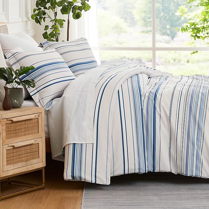 Southshore Fine Living, Inc. Oversized King Duvet Cover, Hotel Quality King Coastal Bedding Set, Easy Care, Beach Theme King/California King Duvet Cover Set, 2 Pillow Shams - Coastal Stripe Blue