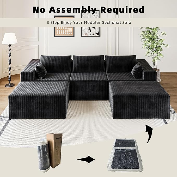 110" Cloud Couch Sectional for Living Room U-Shape Boneless Couches Modular Sectional Sofa with Deep Seat with Chaise,No Assembly Required, Carbon Black(Plush Corduroy Fabric)
