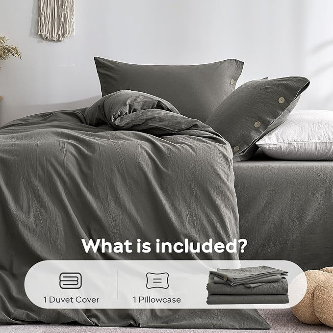 JELLYMONI 100% Washed Cotton Duvet Cover Twin – Soft, Breathable Linen-Look Bedding with Natural Wrinkle Texture, Button Closure, 3-Piece Set (Dark Grey, 68"x90")