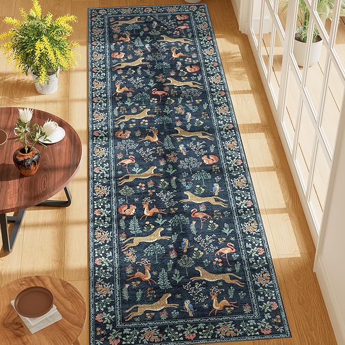 DUKINO Runner Rug, 2x7 Washable Kitchen Rugs for Hallways with Non Slip Backing, Soft Low Pile Vintage Animal Runner for Kitchen, Hallway, Entryway, Laundry, Bedroom, Navy Blue