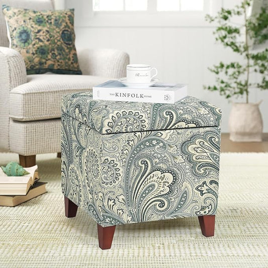 Adeco 18 Inch High Cube Ottoman Storage, Paisley Linen Chair Foot Stools, Upholstered Vanity Stool with Hinged Lid, Solid Wood Legs