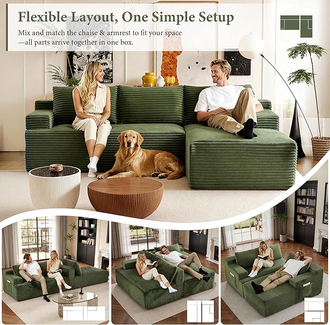 96''Sectional Couches for Living Room Modern Modular Sectional Sofa Upholstered Boneless Couch Comfy Cloud Couch with Chaise (Green, 96''W Right Facing Chaise)