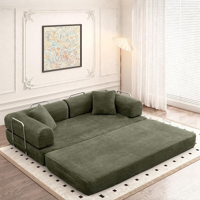 Convertible Sleeper Sofa Bed, Corduroy Floor Couch with Fixed-Shape Frame, Comfy Modular Floor Sofa with Pull Out Bed, Loveseat Sleeper Boneless Couch for Living Room, Green