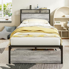 LIKIMIO Twin XL Bed Frames with Drawer, Storage Headboard with Outlets, No Box Spring Needed, Easy Assembly, Industrial Gray