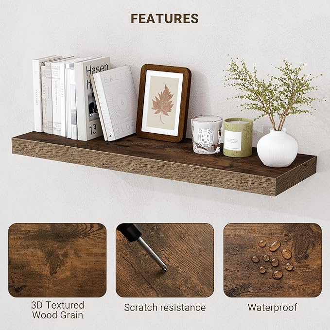 24 Inch Floating Shelves, 24"x9.25"x1.5" Inch Deep Floating Shelves for Wall, Wooden Shelves for Bathroom, Bedroom, Living Room, Brown, 2 Pieces