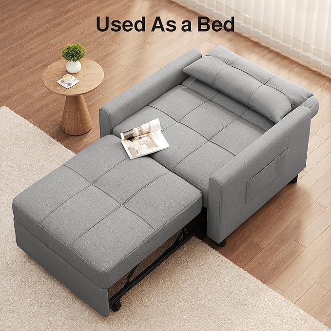 Ahomly Sleeper Sofa Chair Bed, Convertible Sofa Chair 3-in-1, Adjustable Sleeper Chair Pullout Sofa Bed with Modern Linen Fabric for Living Room Apartment Small Space, Grey