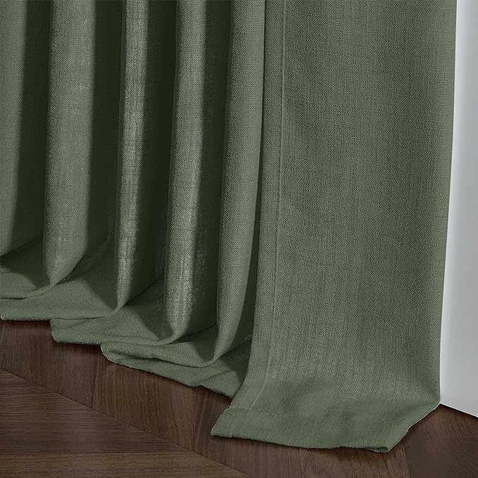 Olive Green Linen Pinch Pleated Curtains 84 Inches Long 2 Panels for Living Room Bedroom Linen Pleated Hooks Rings Back Tab Light Filtering Loden Moss Green Farmhouse Drapes 84 Inch Length