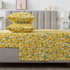 FADFAY Sunflower Sheets Set Queen Vintage Yellow Floral Bedding Rustic Botanical Sheets Shabby Floral Farmhouse Bedding 100% Percale Premium Cotton Soft Deep Pocket Fitted Sheet 4Pcs, Queen Size