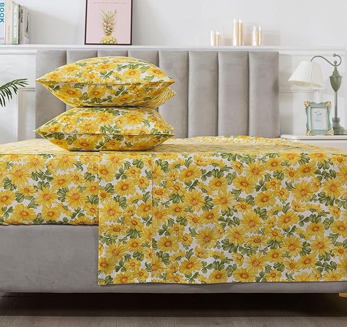 FADFAY Sunflower Sheets Set Queen Vintage Yellow Floral Bedding Rustic Botanical Sheets Shabby Floral Farmhouse Bedding 100% Percale Premium Cotton Soft Deep Pocket Fitted Sheet 4Pcs, Queen Size