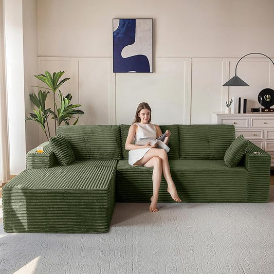 MAXYOYO 104" Modular Sectional Couch with L-Shape Chaise, Modern Boneless Couch for Living Room, Sofa in A Box, Oversized Sofa Sleeper with Deep Seat, No Assembly Required, Green