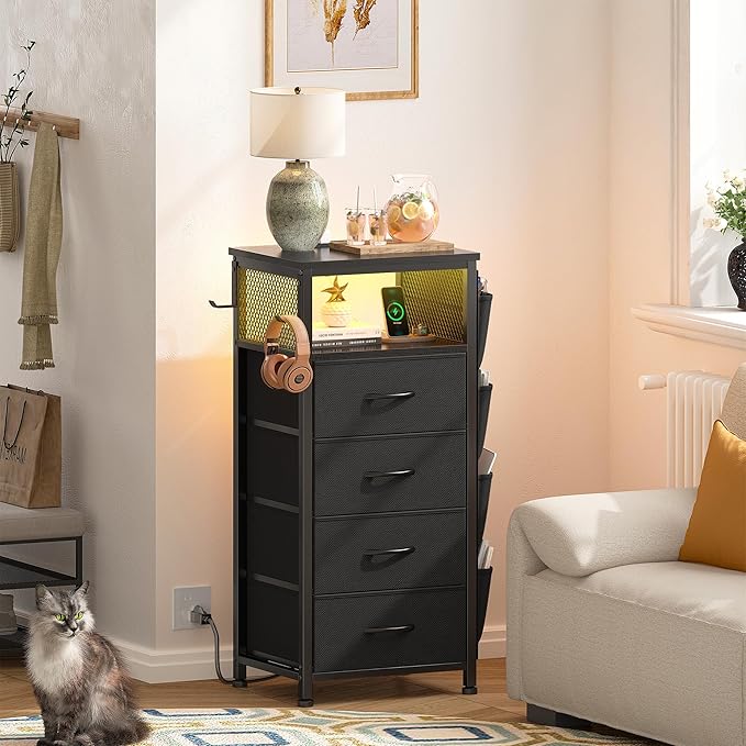 EnHomee Black Nightstand Set of 2,Night Stand with Charging Station & LED, Bedside Table with Fabric Drawers and Storage Shelf, Sturdy Steel Frame, Wood Top, Cloth Bags, Hooks, Black