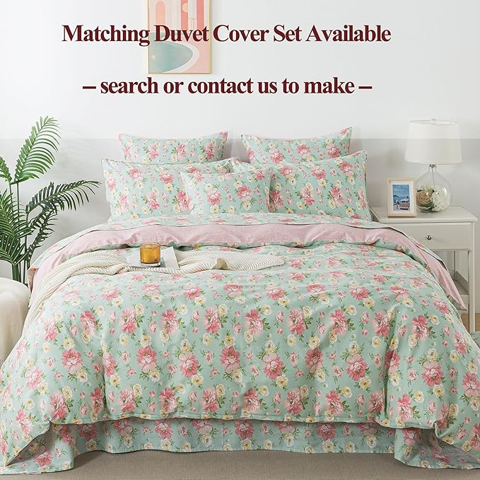 FADFAY Sheets Set Full Pink Rose Floral Shabby Yellow Peony Bed Sheet Set Vintage Farmhouse Cotton Soft Breathable With Deep Pocket Fitted Sheet 4Pcs, Full Size