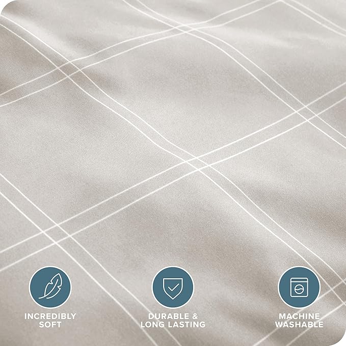 Bare Home Bedding Duvet Cover King Size - Premium 1800 Super Soft Collection - Lightweight, Cooling - Soft Breathable Bedding Duvet Cover (King, Modern Plaid - Stone/White)