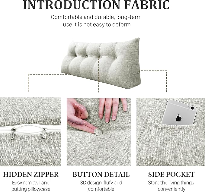 14 lbs Thickened King Headboard Pillow Wedge Pillow Headboard Reading Pillow Bed for Backrest Reading Triangular Pillow with Side Pocket for Sitting in Bed Cotton Linen White