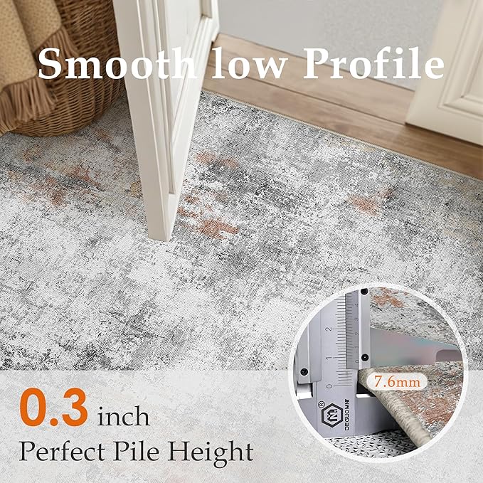 10x14 Washable Area Rug Grey Rust Abstract Living Room Bedroom Carpet Neutral Modern Non-Slip Soft Low Pile Lightweight Vacuumable Large Throw Rug for Dining Room