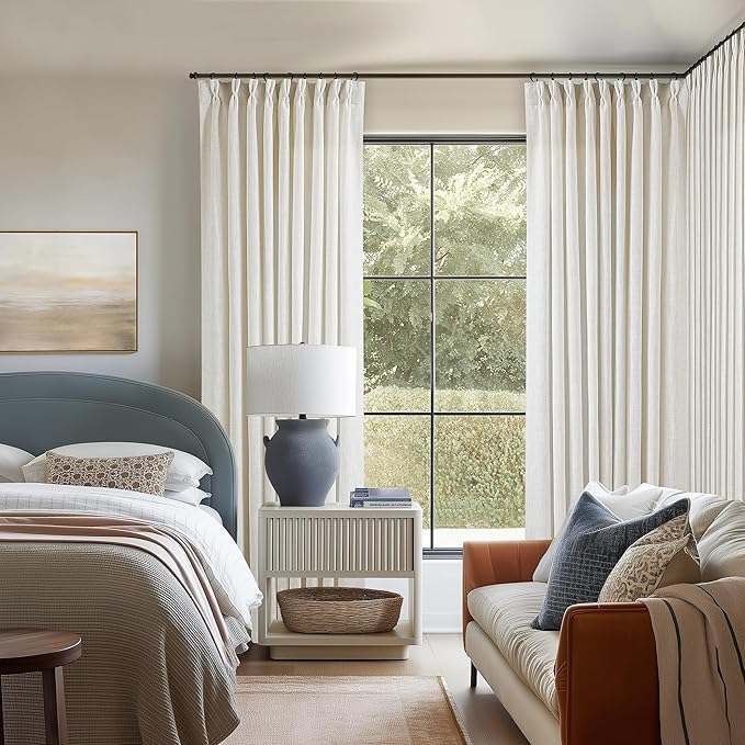 Extra Wide Pinch Pleat Curtains 120 Inches Long for Patio Sliding Glass Door Natural Linen 60 Inch Wide Curtain Memory Trained Pleated Drapes Hooks Rings 60x120 Curtain for Large Window 1 Panel