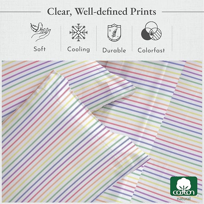 California Design Den Full Size Bed Sheets Set - 400 Thread Count Sateen, Natural 100% Cotton Sheets, Deep Pocket and Durable Bedding Set - Rainbow Striped