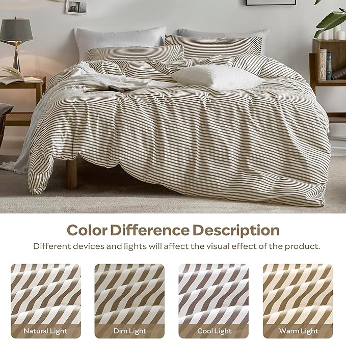 JELLYMONI Oversized King Duvet Cover Set, Cotton Duvet Cover 3 Pieces with Zipper Closure, 1 Duvet Cover and 2 Pillowcases(White with Khaki Striped)